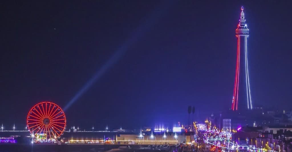 Blackpool Tower and Central Pier illuminated at night